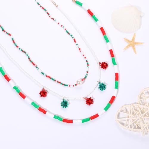 Christmas Bow Heishi Bead Choker Necklace For Woman Xmas Bows Pearl Polymer Clay Record Disc Beads Layered Necklace Boho Beach Necklace jewelry (Christmas bow chokers)