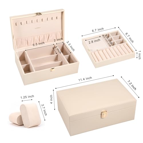 LANDICI Jewelry Box Organizer for Men Women, 2 Layer 4 Slot Watch Storage Case with Removable Tray, PU Leather Large Jewellery Holder Display for Watches Sunglasses Rings Earrings Necklace, Apricot