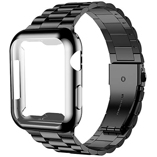 iiteeology Compatible with Apple Watch Band 38mm Series 3 2 1, Upgraded Stainless Steel Band with iWatch Screen Protector Case for Women Black/Black