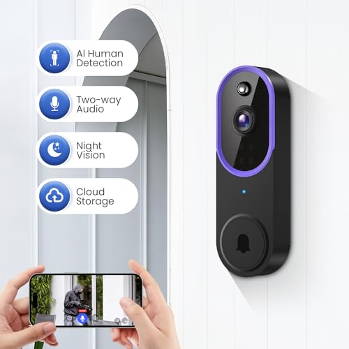 SUNNYJANE Smart 1080P Video Doorbell Camera Wireless, AI Human Detection, Live View, 2-Way Audio, Included Chime, Night Vision, 2.4G Wi-Fi, Cloud Storage, Indoor/Outdoor Surveillance Cam (Purple)