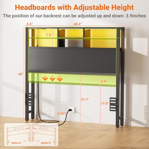 Aheaplus Headboard for Twin Size Bed with Storage, Headboards with Outlets, USB Ports and LED Light, Twin Size Head Board Only, Height Adjustable, Reversible, Sturdy and Stable Headboard, Black