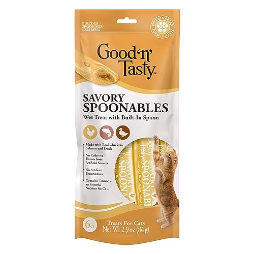 Good ‘n’ Tasty Savory Spoonables with Real Chicken, Salmon & Duck, 6 Count Tube, Triple Flavor Squeezable Lickable Wet Treats for Cats with Built-in Spoon for Less Mess