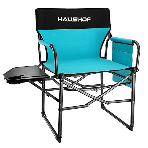 HAUSHOF Camping Chair with Side Table and Storage Pockets, Portable Folding Directors Chair, Heavy Duty Camp Chair for Adults Outdoor Fishing Beach, Green