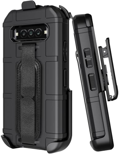 Case + Hand Strap + Holster Combo for Kyocera DuraForce Pro 3 Phone, Nakedcellphone Special Ops Armor Rugged Shield Protective Cover and [Rotating Ratchet] Belt Clip Holder - Black