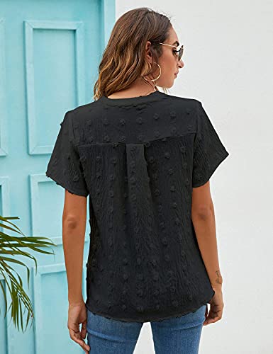 Blooming Jelly Womens White Chiffon Blouses Short Sleeve V Neck Shirts Summer Casual Polka Dot Tops(Small,Black)