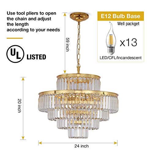 Lt-vt Gold Modern Style Crystal Chandeliers & LightsRound Hanging Classic, Pendant Ceiling Chandelier Lighting Fixture 5-Tier for Dining Room Living Room(Golden Orange,24 inch)