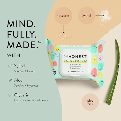 The Honest Company Plant-Based Snot Removing Wipes | Soothing Nose + Face Wipes with Aloe | Hypoallergenic for Sensitive Skin, EWG Verified | Fragrance Free, 30 Count