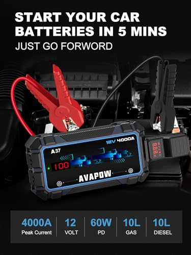 AVAPOW Car Battery Jump Starter 4000A Peak,12V Portable Jumpstart Box for Up to 10L Gas 10L Diesel Engine,PD 60W Fast Charging Lithium Jump Starters Charger Pack