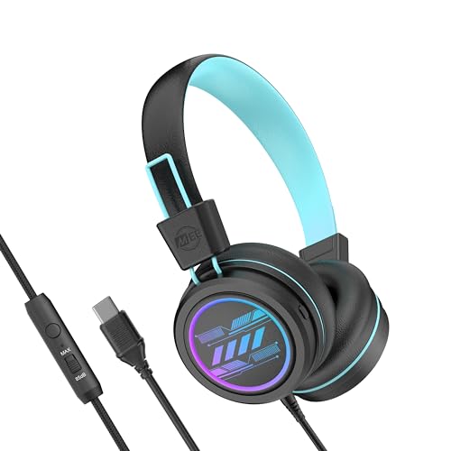 MEE audio KidJamz KJ55 Personalized USB-C Safe Listening Wired Headphones for Kids with Custom LED-Backlit Design, Volume Limiter, & Microphone for iPhone 15, iPad, & USB Type C Devices (Black)