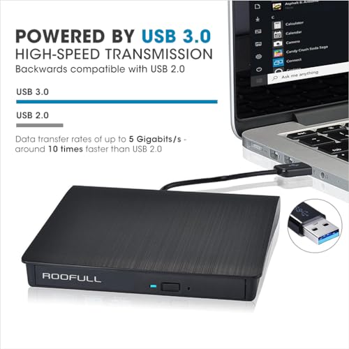 ROOFULL External CD DVD Drive USB 3.0 Portable DVD & CD-ROM +/-RW Player Burner Reader Writer Rewriter Adapter Optical Disc Drive for Laptop PC Windows 11/10/8/7 Mac Linux Desktop Computer
