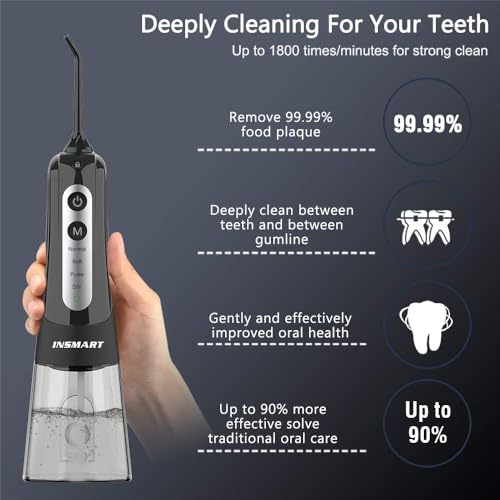 Cordless Water Dental Flosser Teeth Cleaner, INSMART Professional 300ML Tank DIY Mode USB Rechargeable Dental Oral Irrigator for Home and Travel, IPX7 Waterproof 6 Modes Irrigate for Oral Care