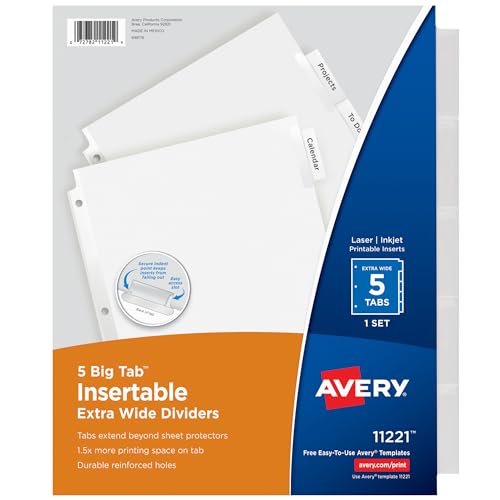 Avery Extra-Wide Big Tab Insertable Dividers for 3 Ring Binders, 5 Tab Set, White Paper, Clear Tabs, Works with Sheet Protectors, 1 Set (11221) (Pack of 5)