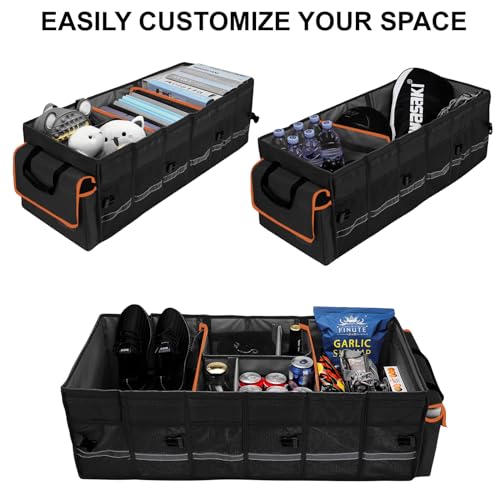 Car Trunk Organizer and Storage with Lid & Removable Leakproof Cooler Bag, 6 Removable Dividers for Custom Space, Collapsible Large Trunk Organizers for SUV Sendan with Non Slip Bottom&Foldable Cover