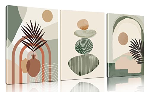 ZHAOSHOP Boho Art Wall-Decor - Green Canvas Wall Art for Bedroom - 3 Piece Wall Art Decor Stretched and Framed Ready to Hang Size 16" x 12"