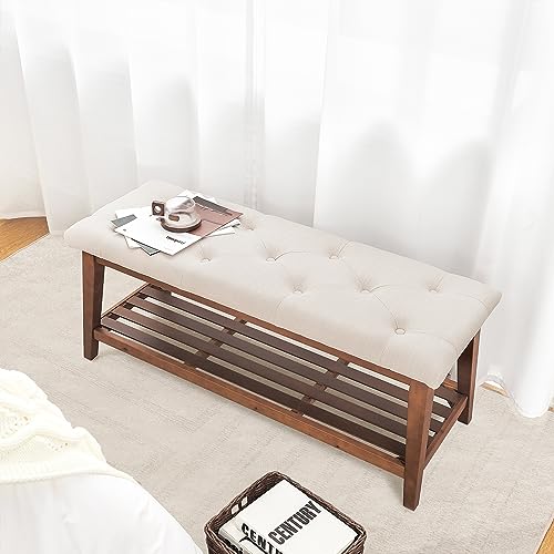 kinmars Upholstered Bench for Bedroom End of Bed,42.5-inch Entryway Bench for Living Room,Dining Bench with Padded Seat and Solid Wood Leg for Kitchen Bedroom,Indoor and Hallway (Shoe Bench, Beige)