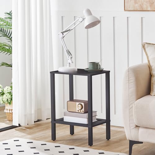 HOOBRO End Table, Small Side Table with 2-Tier Storage Shelves, Tall Nightstand with Faux Rattan Decoration, Sofa Table for Small Space, Beside Table for Living Room, Bedroom, Black BK91BZ01