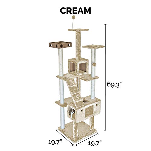 Furhaven 69.3" Tall Cat Tree for Indoor Cats, Ft. Sisal Scratching Posts, 2x Cat Condos, & Toys - Tiger Tough Double Decker Interactive Playground Tower - Cream, One Size