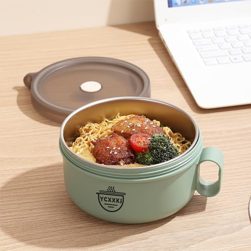 YCXXKJ Microwave Ramen Bowl Set, Ramen Bowl with Lid and Stainless Steel Liner, Ramen Cooker, Noodle Bowls for Home Office College Dorm Room, Dishwasher Safe (Green)