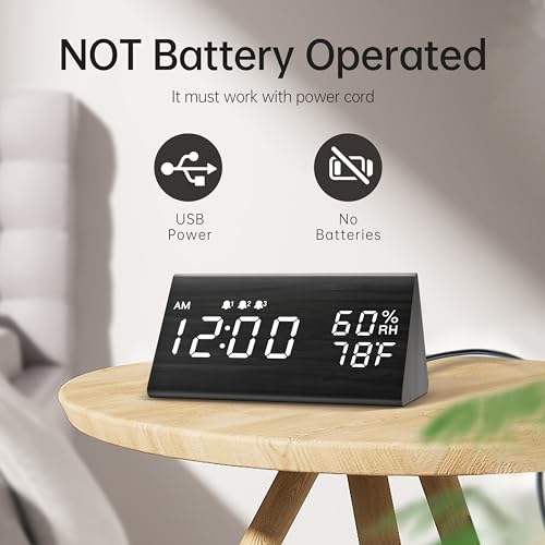 Digital Alarm Clock, with Wooden Electronic LED Time Display, 3 Alarm Settings, Humidity & Temperature Detect, Wood Made Electric Clocks for Bedroom, Bedside (Black)