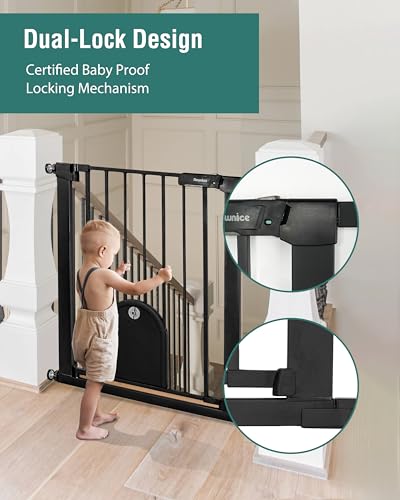 Newnice 26.7-29.5'' Narrow Baby Gate with Cat Door, Auto Close & Easy Walk Thru Dog Pet Gates for Stairs, Doorway, House, Pressure Mounted Safety Child Gate Includes 4 Wall Cups, NO Extensions, Black