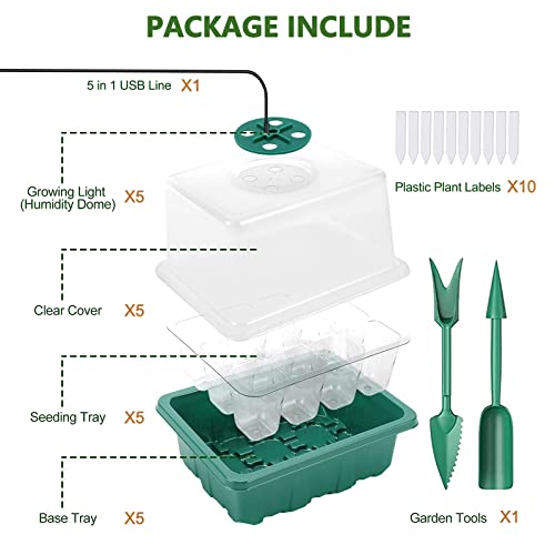 CANNABMALL Seed Starter Tray with Grow Light 8 LEDs, 5 Packs Seedling Starter Trays with Humidity Dome (60 Cells), Seed Starting Trays Seed Starter Kit Indoor Gardening Plant Germination Trays