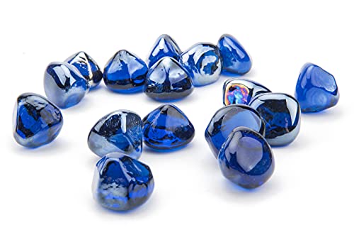 Kinway 20lbs Fire Glass Diamonds 1 Inch Blue Fire Pit Glass Rocks for Fire Pit Fireplace - Cobalt Blue