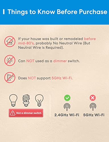 meross Smart Light Switch 2 Pack Supports Apple HomeKit, Siri, Alexa, Google Assistant & SmartThings, 2.4GHz Wi-Fi Single Pole Light Switch, Neutral Wire Required, No Hub Required