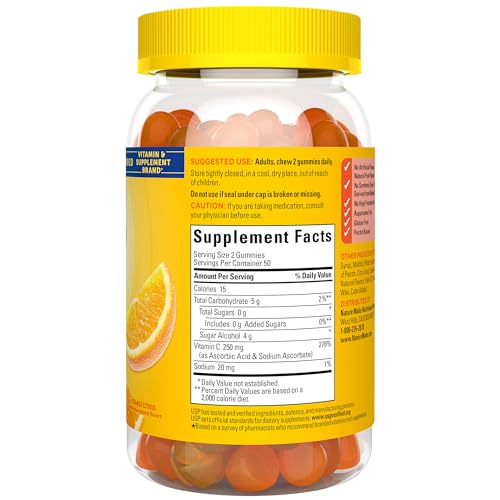 Nature Made Zero Sugar Vitamin C Gummies 250 mg per Serving, Immune & Antioxidant Support, 100 Sugar Free Gummies, 50 Day Supply