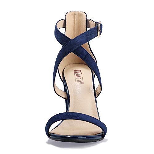 IDIFU Women's Chunky High Heel Sandal Strappy Open Toe Ankle Strap Dress Shoes for Women Bridesmaid Ladies in Wedding Bridal Evening Homecoming Prom (Nude Suede, 5.5 M US)