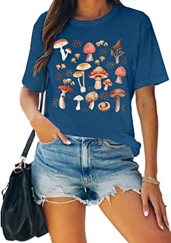 MAIHUN Mushrooms Shirts for Women Mycology Tshirt Fungi Lover Tee Mushroom Graphic Short Sleeve Blue