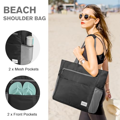 G4Free Beach Bag, Waterproof Sandproof Beach Tote Bag, Large Capacity Foldable Beach Bags for Women, Black