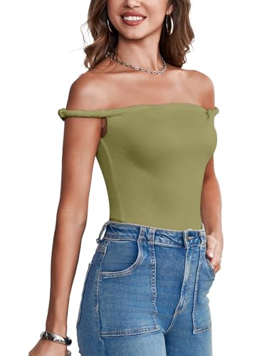 Tankaneo Womens Off The Shoulder Top Sleeveless Slim Fit Stretchy Tank Top Y2k Casual T Shirts Army Green