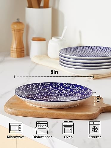 Metahom Salad Plates, Blue and White Dessert Plates, 8 Inch Colorful Ceramic Dish Set for Pasta, Set of 6, Dishwasher & Microwave Safe
