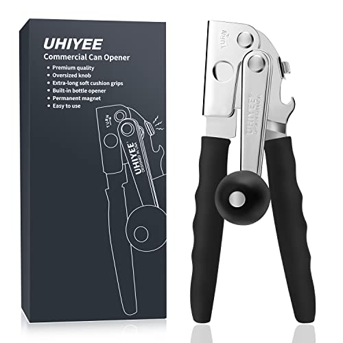 Commercial Can Opener, UHIYEE Hand Crank Can Opener Manual Heavy Duty with Comfortable Extra-long Handles, Oversized Knob, Large Handheld Can Opener Easy for Big Cans, Black