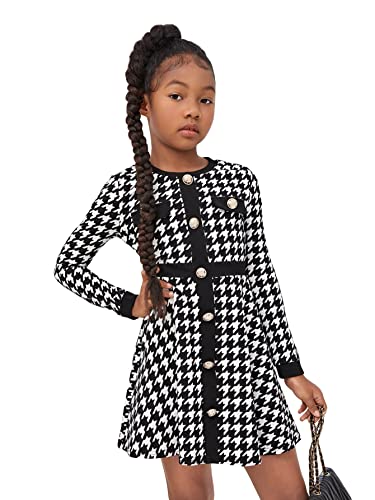 WDIRARA Girl's Houndstooth Print Button Front Long Sleeve Flare Hem A Line Short Dress Black 9Y