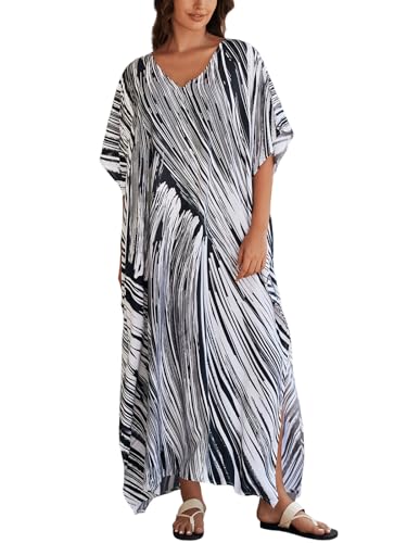 IMAGEKOPE Women's Plus Size Loose Fit Moroccan Print V-Neck Batwing Kaftan Beach Dress Bathing Suit Cover Up