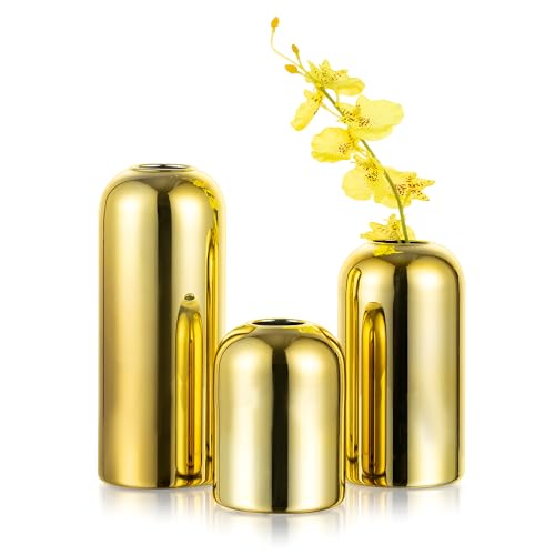 Glasseam Gold Bud Vases for Centerpieces: Modern Blown Glass Vases for Flowers Cute Small Vase Set of 3 Golden Decorative Flower Vase Decor Mini Centerpiece for Wedding Table Dining Room Decorations