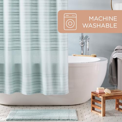 TOWN & COUNTRY EVERYDAY Sophia Textured Solid Cotton-Rich Breathable Fabric Shower Curtain with Reinforced Buttonhole Top Hem, Aqua Blue, 70"x72"