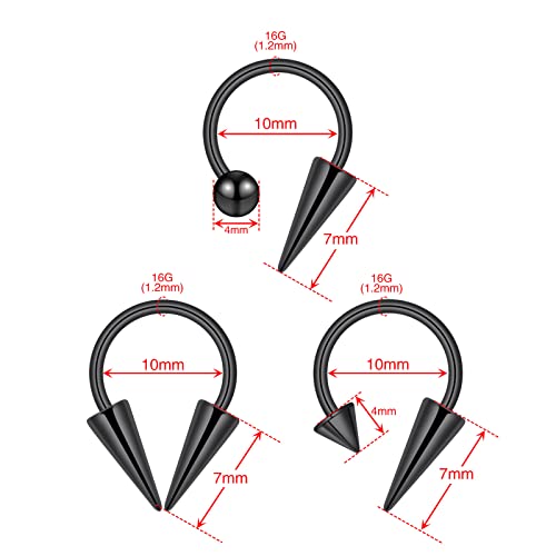 Stuppendux 6pc Black 16G 1.2mm Septum Rings Stainless Steel Cartilage Helix Tragus Earrings Nose Rings Piercing Jewelry Pointed Conical Head Round Ball Head for Women Men diameter 12mm