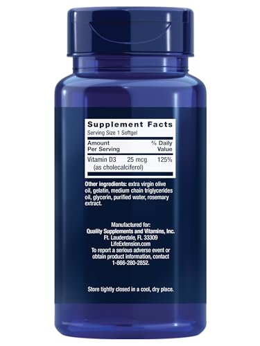 Life Extension Vitamin D3 25 mcg (1000 IU) – Supports Bone & Immune Health – Non-GMO, Gluten-Free – 250 Softgels