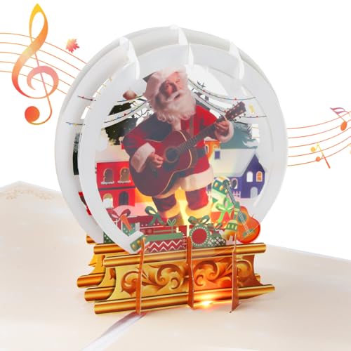 APOTODITO Pop Up Christmas Cards with Santa Claus Playing Guitar, Christmas Gifts with Music and Light, 3d Musical Greeting Card for Christmas Holiday New Year, Christmas Gift for Kids Family