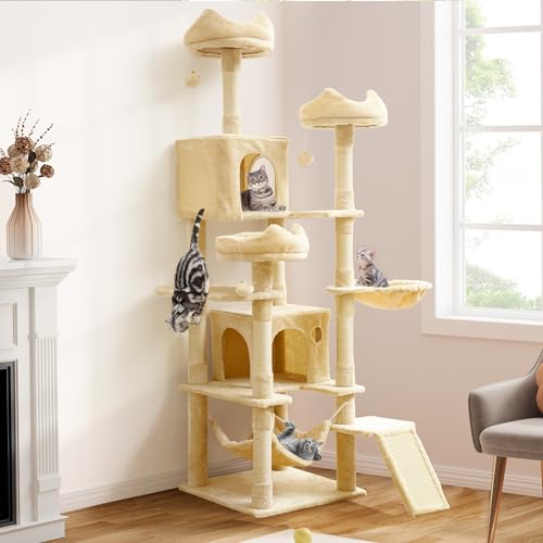 YITAHOME Tall Cat Tree for Indoor Cats, 75 inch Multi-Level Cat Tower with Cat Condos, Top Perches, Sisal Ramp Scratching Posts, Cozy Basket, Hammocks, Large Cat Pet Activity Structure,Beige