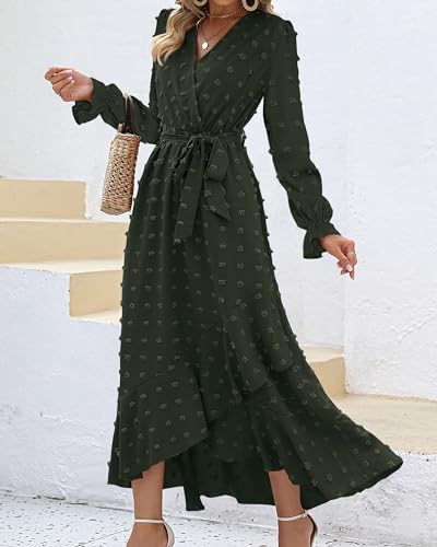 BTFBM Women's Boho Cocktail Maxi Dress 2024 Fall Fashion V Neck Swiss Dot Long Sleeve Flowy Slit Wedding Party Dresses(Swiss Dot Yellow, Medium)