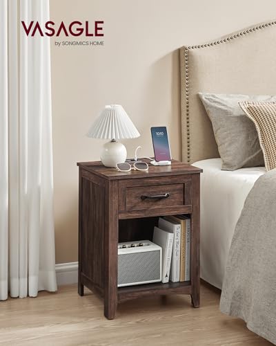 VASAGLE Farmhouse Nightstand with Charging Station, Bedside Table with Drawer, Open Compartment, Side Table with Storage, for Bedroom, Maroon Brown ULET659K51