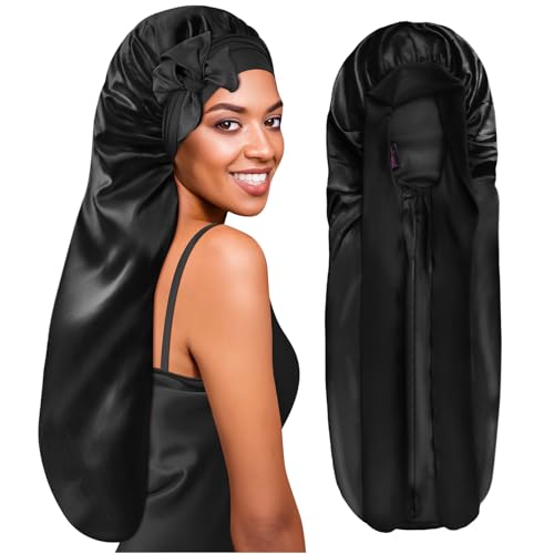 BONNET QUEEN Braid Bonnet Silk Bonnet Foldable Extra Long Bonnet for Braids Satin Bonnet for Sleeping Hair Bonnet with Tie Band Long Sleep Cap Black