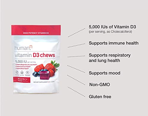 humanN Vitamin D3 Chews - High Potency Vitamin D3 5000iu (125mcg) Helps Support Healthy Mood, Immune Support, Respiratory Health & Bone Health, Mixed Berry Flavor, 30-Count