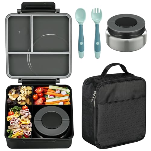 Bento Lunch Box Set for Kids with 8oz Soup Thermo, Leak-Proof Lunch Containers with 4 Compartment, Kids Thermo Hot Food Jar and Insulated Lunch Bag for Kids to School-Black