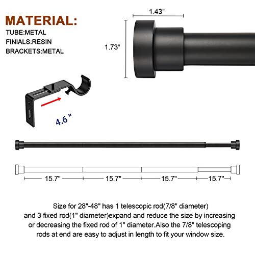Briofox Black Curtain Rods for Windows 28 To 48 Inch-1 Inch Heavy Duty Adjustable Curtain Rod With Modern Decortive End Cap Finials WIth Brackets【NOT TENSION ROD】
