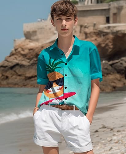 Yoimira Hawaiian Shirts for Boys, Boys Hawaiian Shirt Button Down, Aloha Shirt Boys Summer Beach Shirts for Kids 7-14 Years