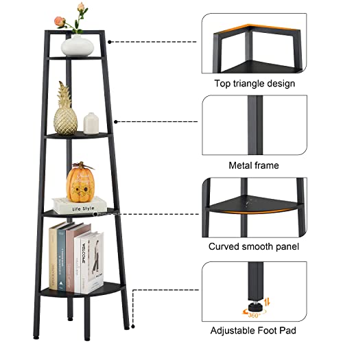 Hoctieon Corner Shelf, 4-Tier Corner Bookshelf, Rustic Corner Ladder Shelf, Industrial Display Shelf for Living Room, Kitchen, Home Office, Balcony, Small Space, Metal Frame, Black